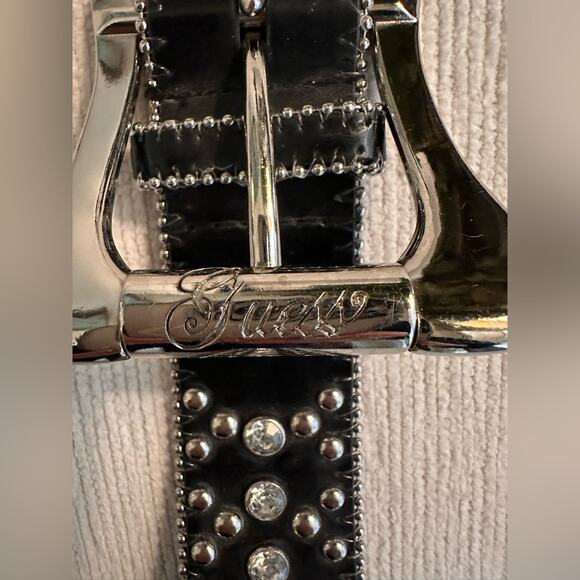 Guess Black Rhinestone Studded Vintage Signature Silver Buckle Belt Size XL - Picture 2 of 8